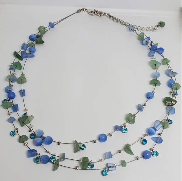 FINAL DROP!! Blue & Green Multi Wire Chain Beaded Necklace & Dangle Earrings Set - Picture 4 of 8